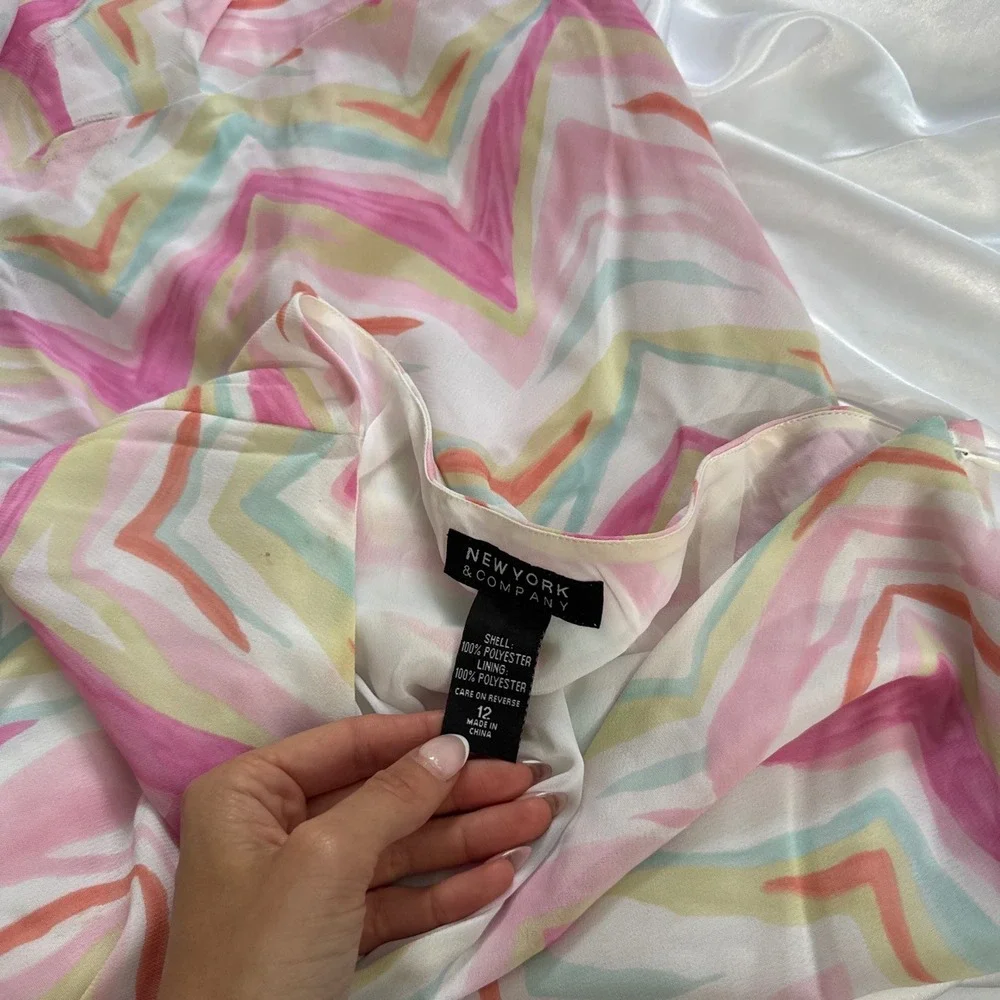 New York & Company Pastel Chevron Ruffle Hem Midi Skirt Pink Yellow Green 12 - Picture 5 of 5